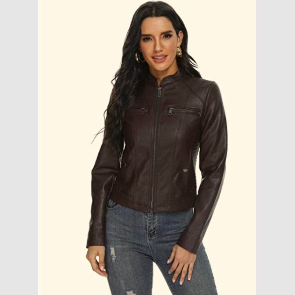 New with Tags Fahsyee Women's Zip-Up Faux Leather Jacket, Size M, Coffee Brown - Picture 9 of 13